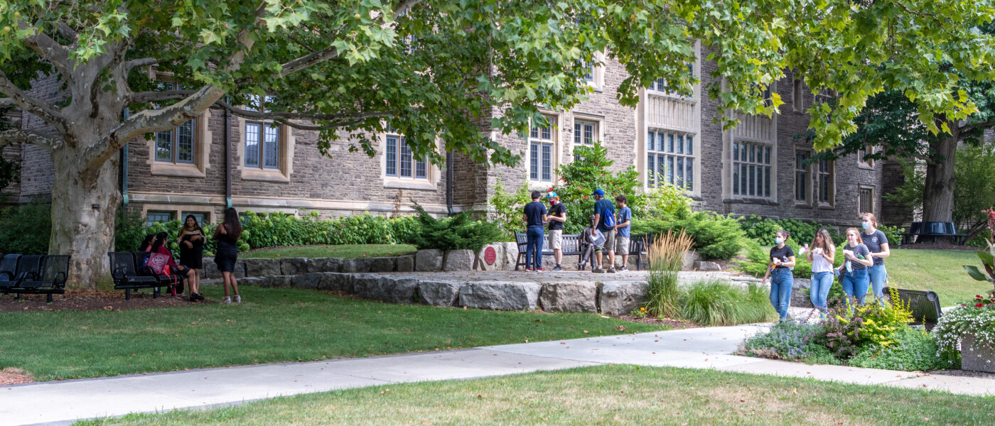 Students outside McMaster University’s University Hall